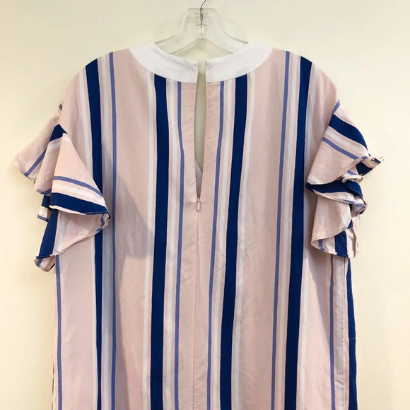 PEARL by Lela Rose Striped Ruffle Sleeve Pink Blue Designer Sheath Mini Dress S - Picture 10 of 10